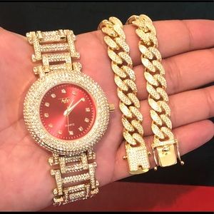 14K Gold Plated Bling Bling Watch&12mm Bracelet
